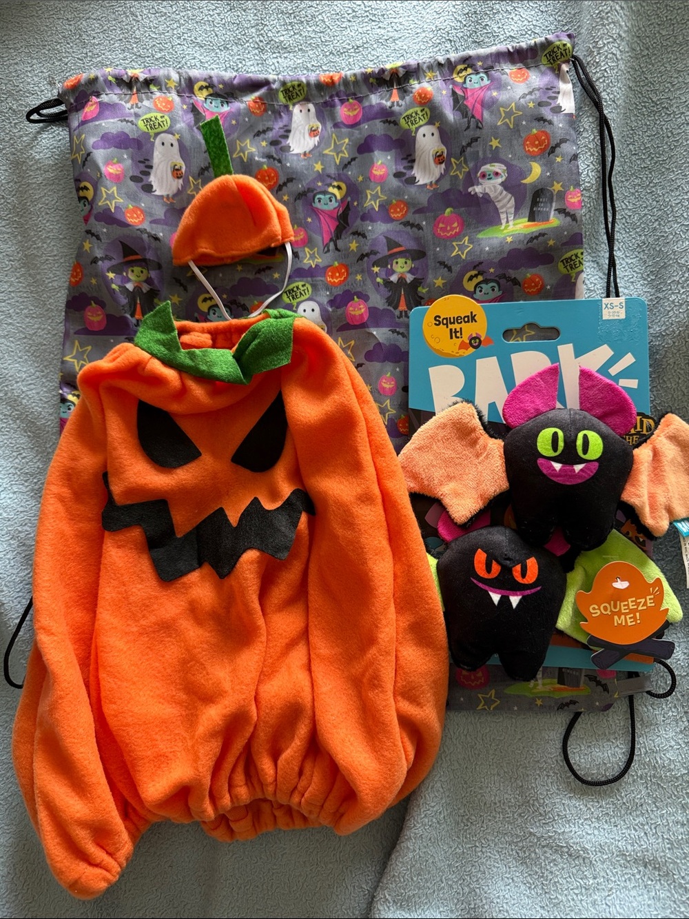 Halloween Bag with Pet Pumpkin Costume and Plush Bat Toys. NWT.